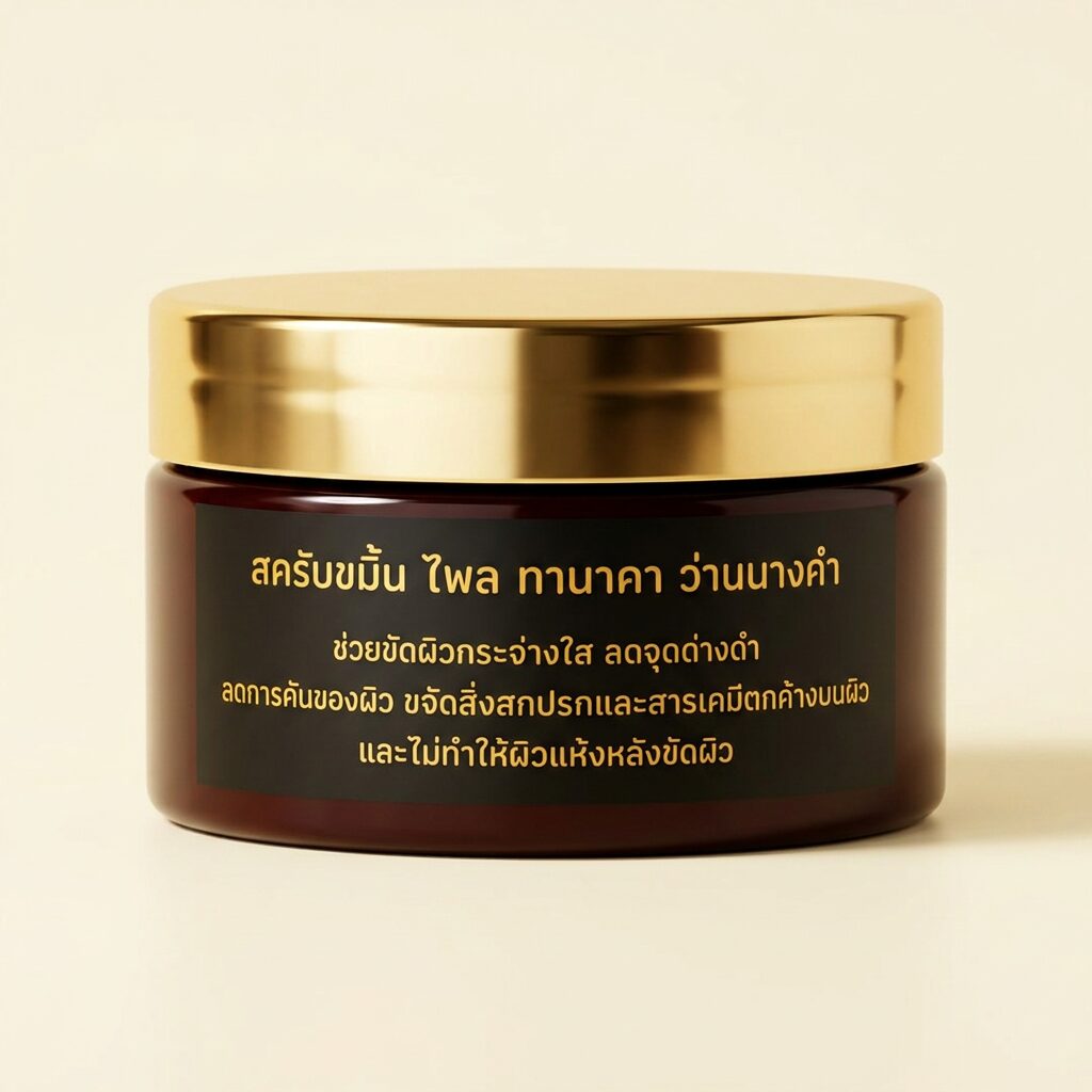 Back of the Arokaya Herbal Scrub jar showing the Thai ingredient list and batch details