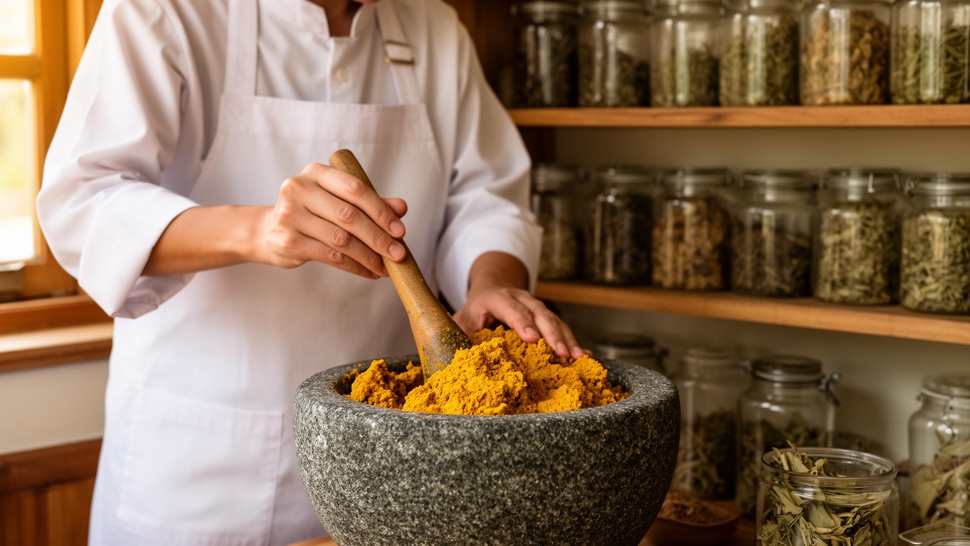 Hand-grinding turmeric in a stone mortar inside the Arokaya workshop